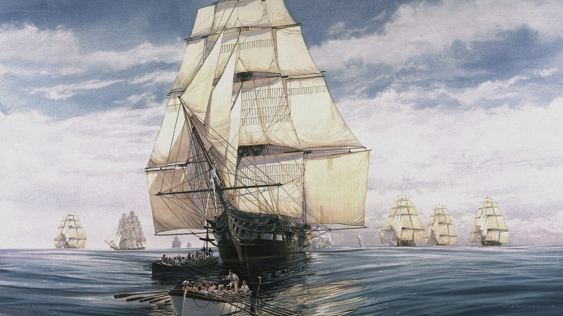 Sailing ships at sea