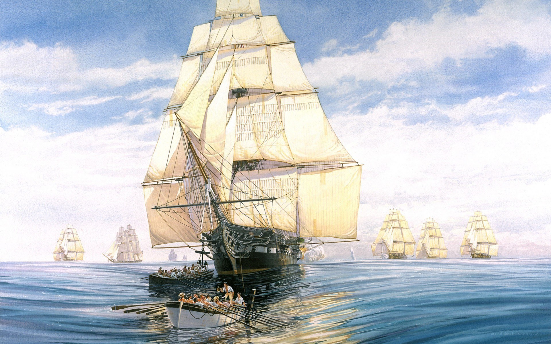 Sailing ships at sea