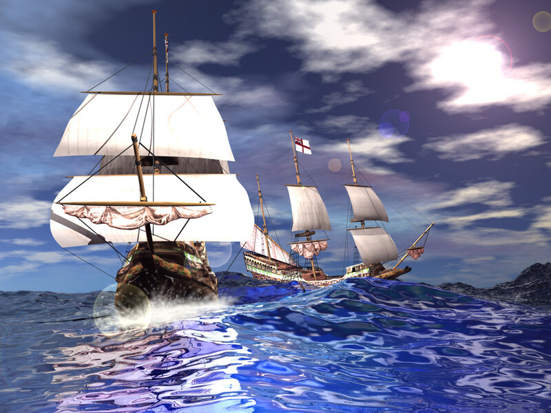 Sailing Ships at Sea — Blue, Dramatic, Afternoon, 3d Render