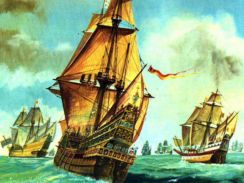 Sailing Ships at Sea — Blue, Dramatic, Afternoon, Illustration, Ocean
