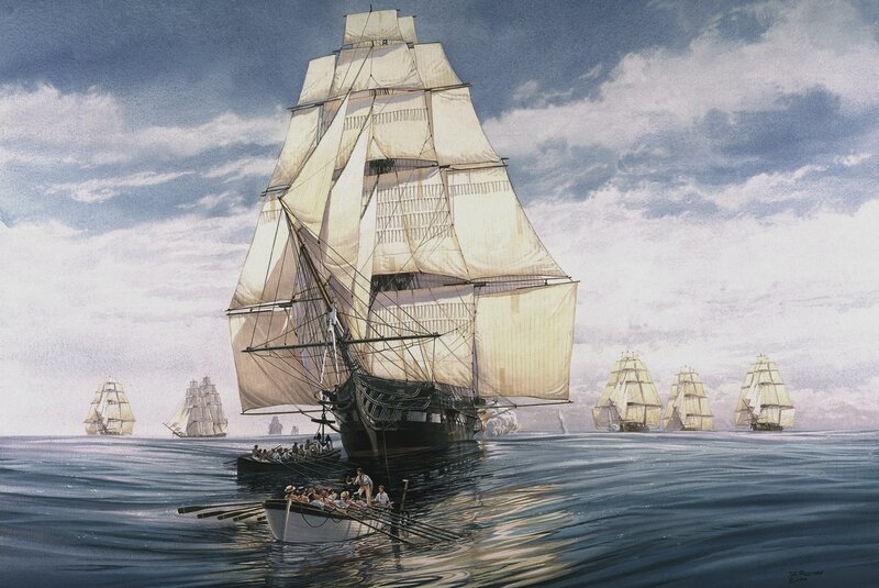 Sailing Ships at Sea — Blue, Dramatic, Afternoon, Illustration