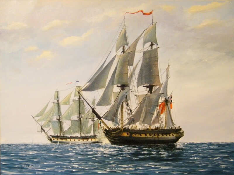 Sailing Ships at Sea — Blue, Dramatic, Afternoon, Painting