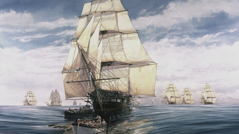 Sailing Ships at Sea — Blue, Dramatic, Illustration