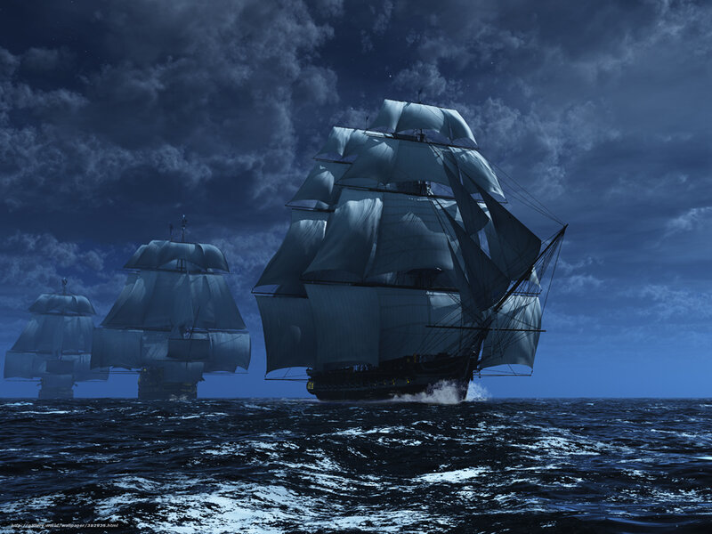 Sailing Ships at Sea — Blue, Dramatic, Night, Digital Art, Ocean, Clouds