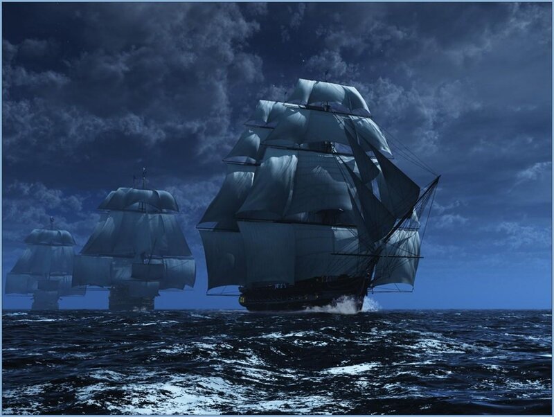 Sailing Ships at Sea — Blue, Dramatic, Night, Digital Art, Ocean