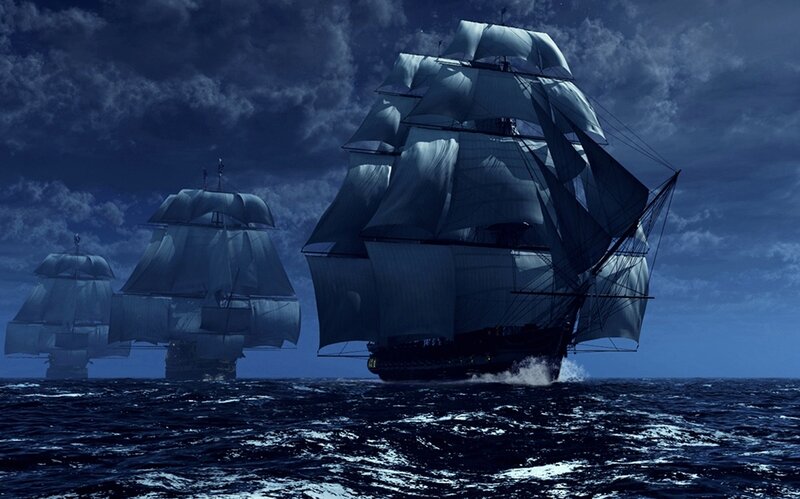Sailing Ships at Sea — Blue, Dramatic, Night, Digital Art