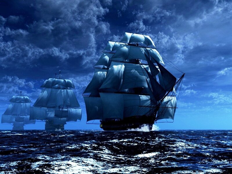 Sailing Ships at Sea — Blue, Dramatic, Night
