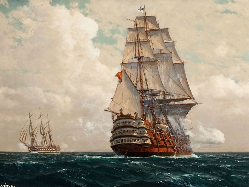 Sailing Ships at Sea — Blue, Dramatic, Painting