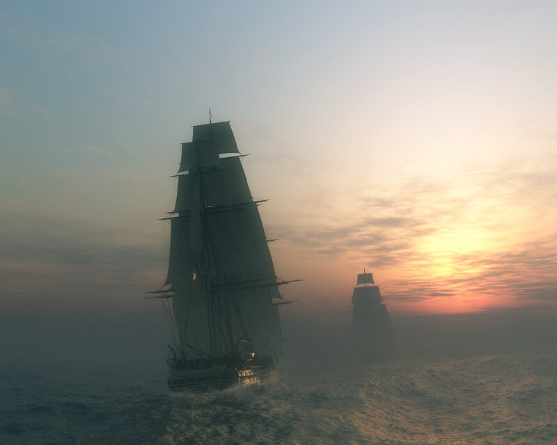Sailing Ships at Sea — Blue, Dramatic, Sunset, Digital Art