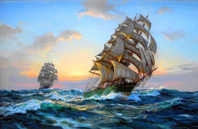Sailing Ships at Sea — Blue, Dramatic, Sunset, Painting, Ocean