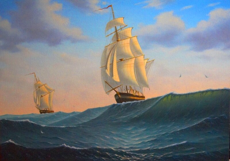 Sailing Ships at Sea — Blue, Dramatic, Sunset, Painting