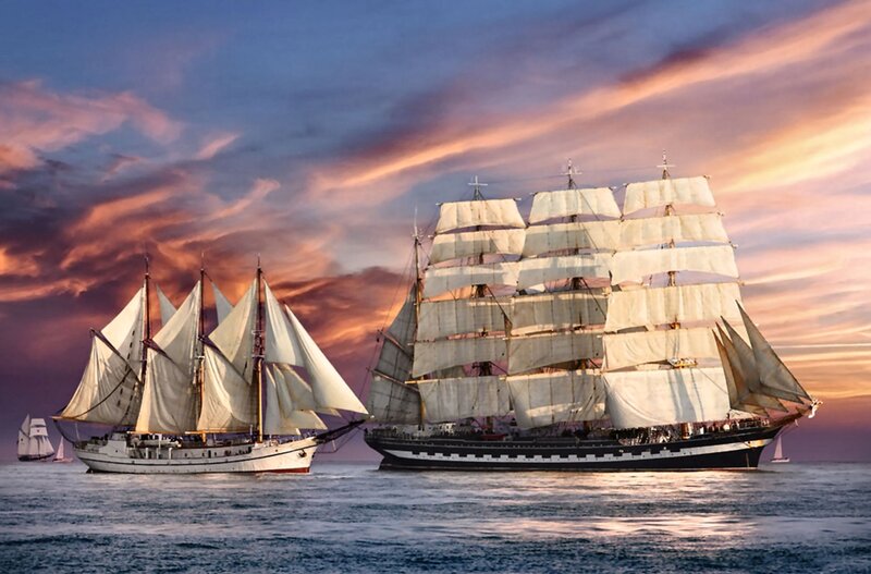 Sailing Ships at Sea — Blue, Dramatic, Sunset, Photograph