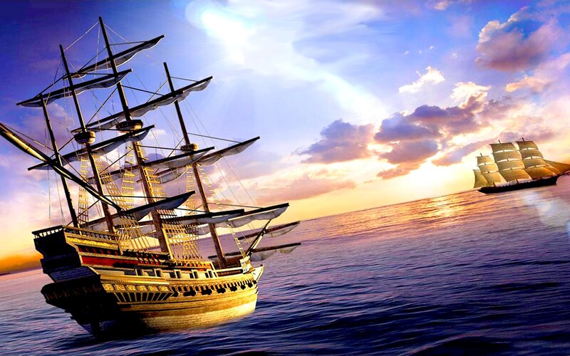 Sailing Ships at Sea — Blue, Dramatic, Sunset