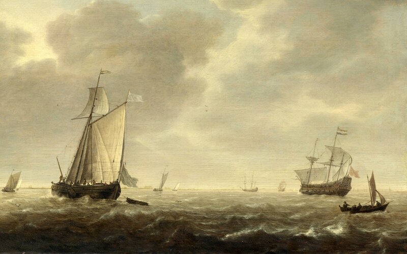 Sailing Ships at Sea — Brown, Dramatic, Painting