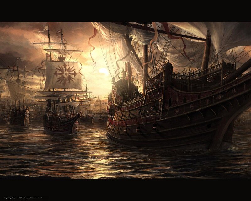 Sailing Ships at Sea — Brown, Dramatic, Sunset, Digital Art, Sky, Sun