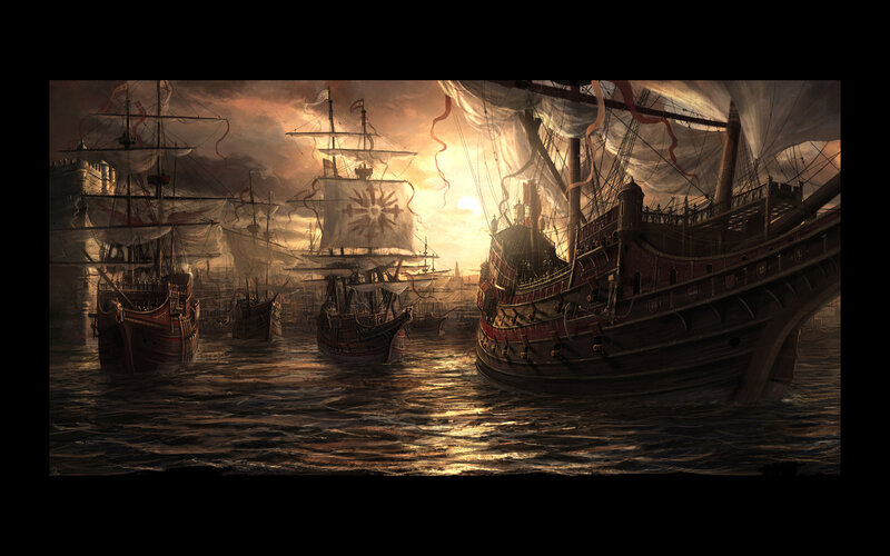 Sailing Ships at Sea — Brown, Dramatic, Sunset, Digital Art, Sun