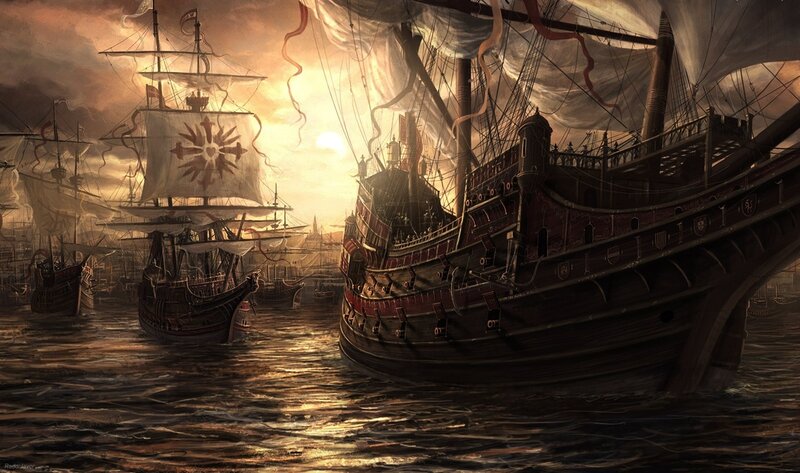 Sailing Ships at Sea — Brown, Dramatic, Sunset