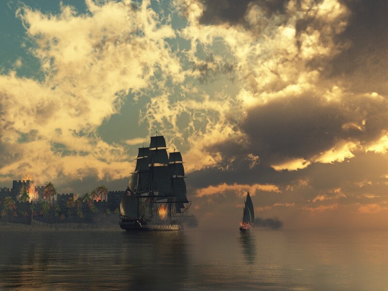 Sailing Ships at Sea — Gold, Dramatic, Sunset, Digital Art