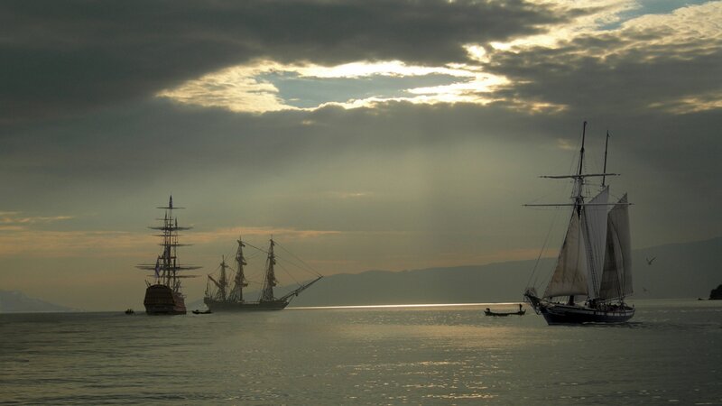 Sailing Ships at Sea — Gray, Dramatic, Sunset