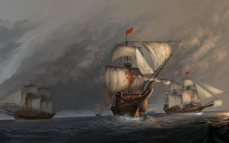 Sailing Ships at Sea — Gray
