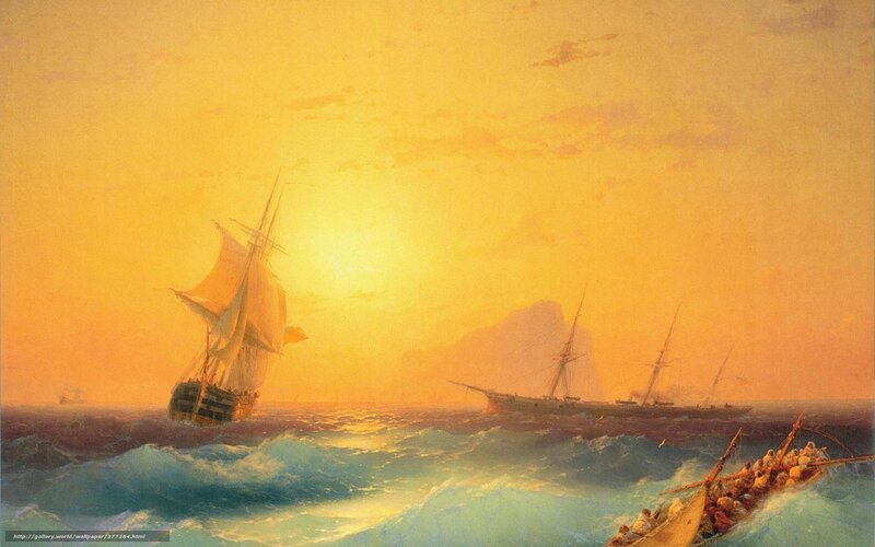 Sailing Ships at Sea — Yellow, Dramatic, Sunset, Painting