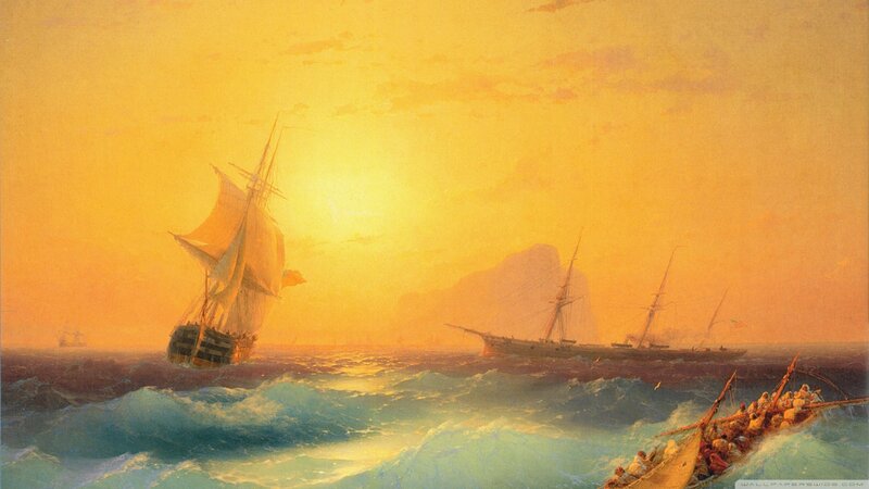 Sailing Ships at Sea — Yellow, Dramatic, Sunset