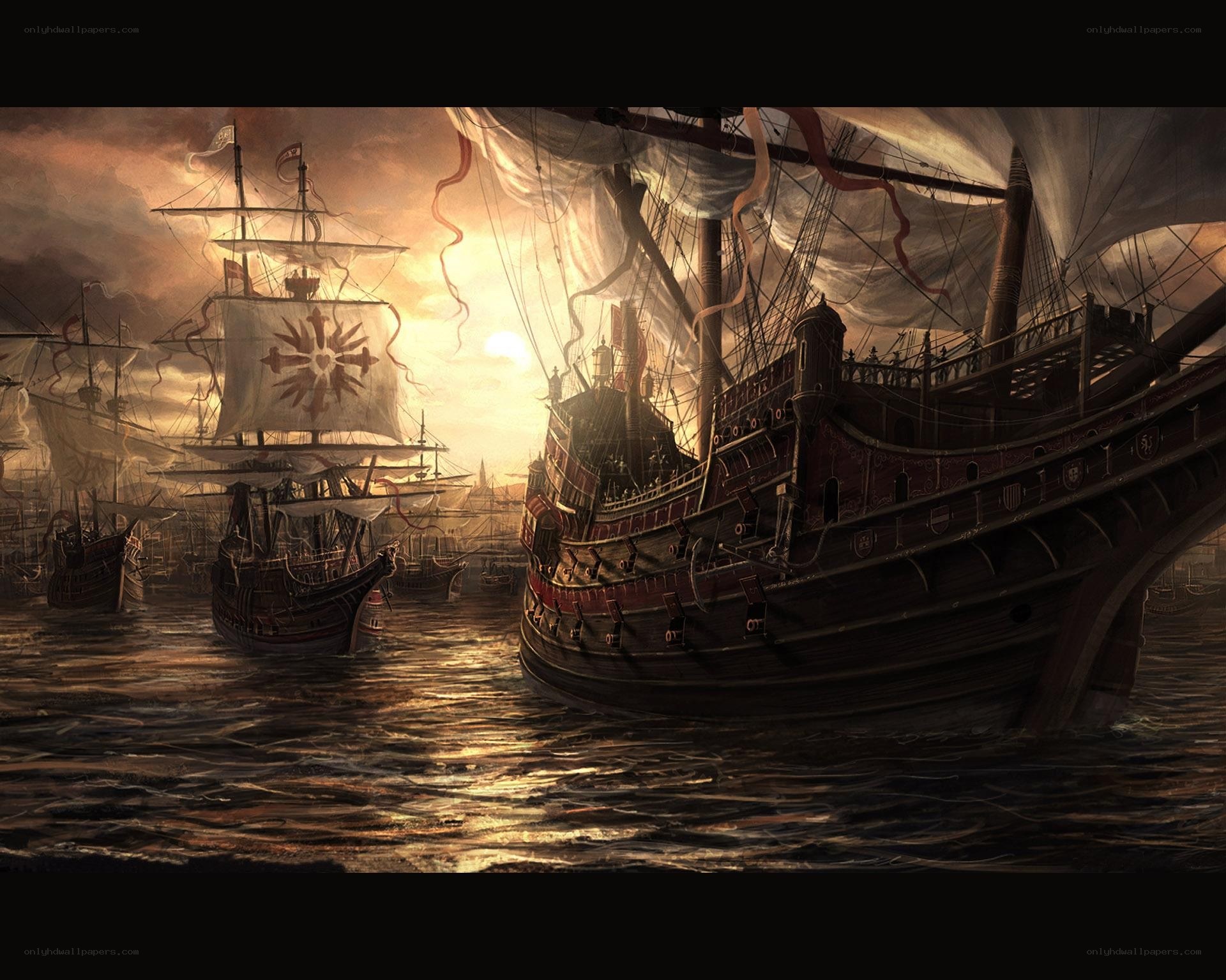 Sailing ships at sunset