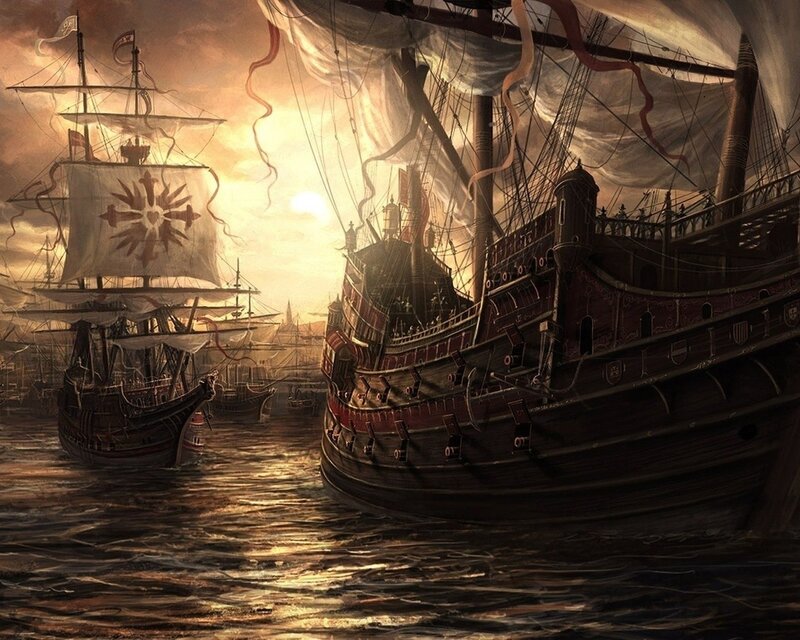 Sailing ships at sunset