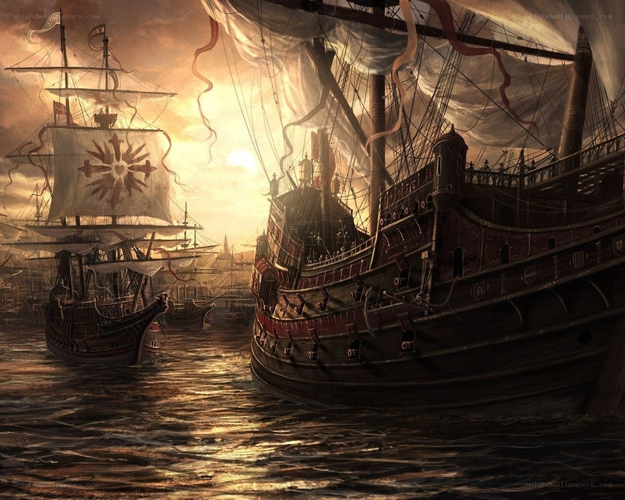 Sailing ships at sunset