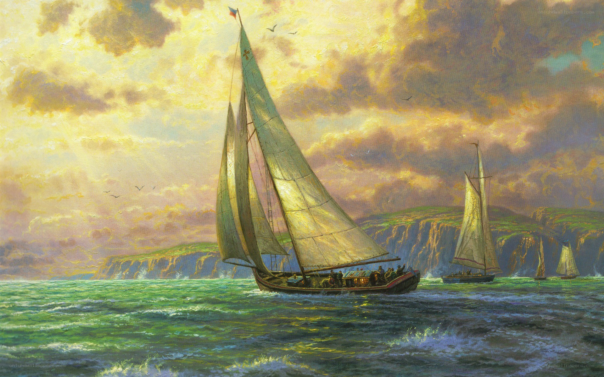 Sailing ships at sunset