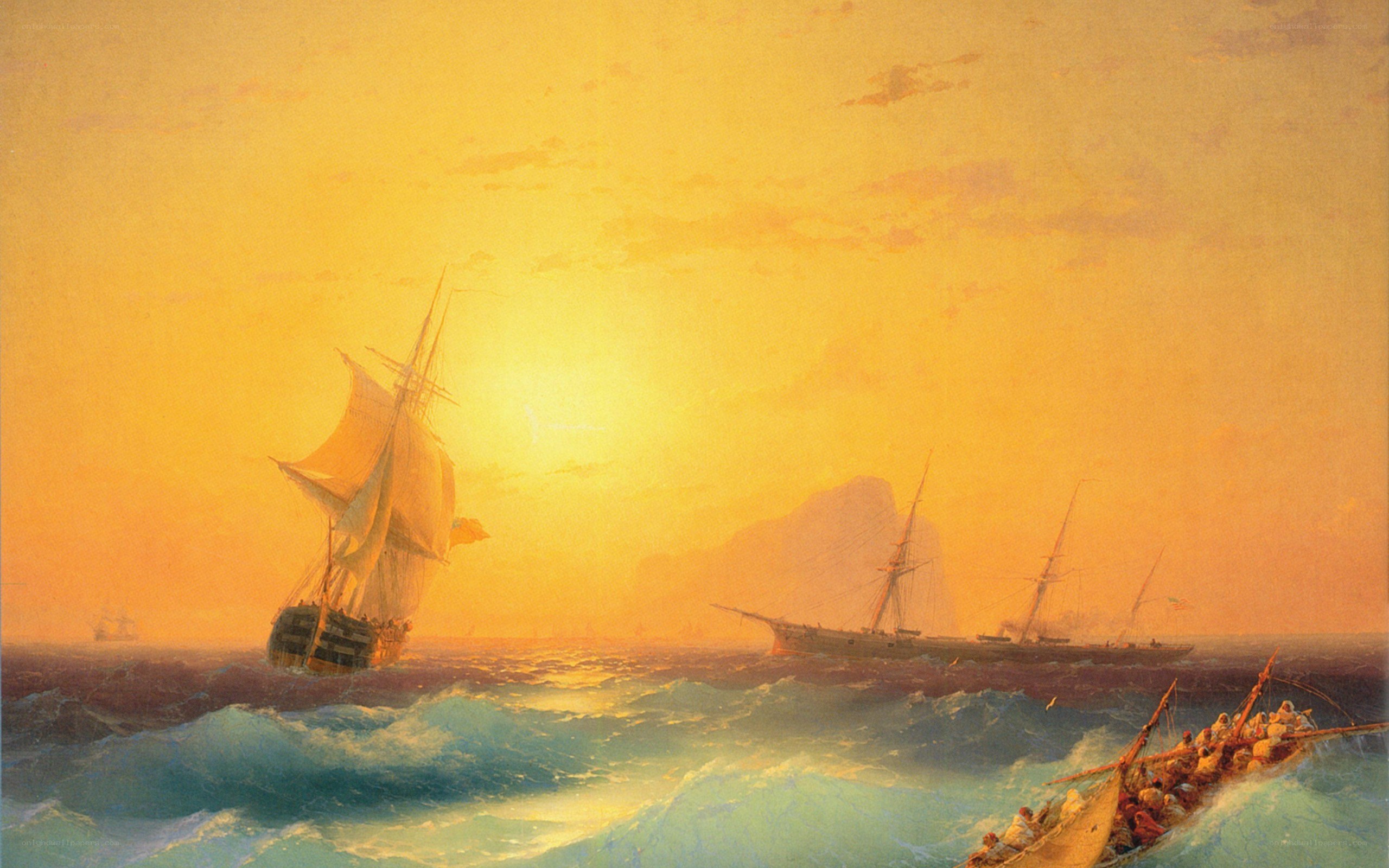 Sailing ships at sunset