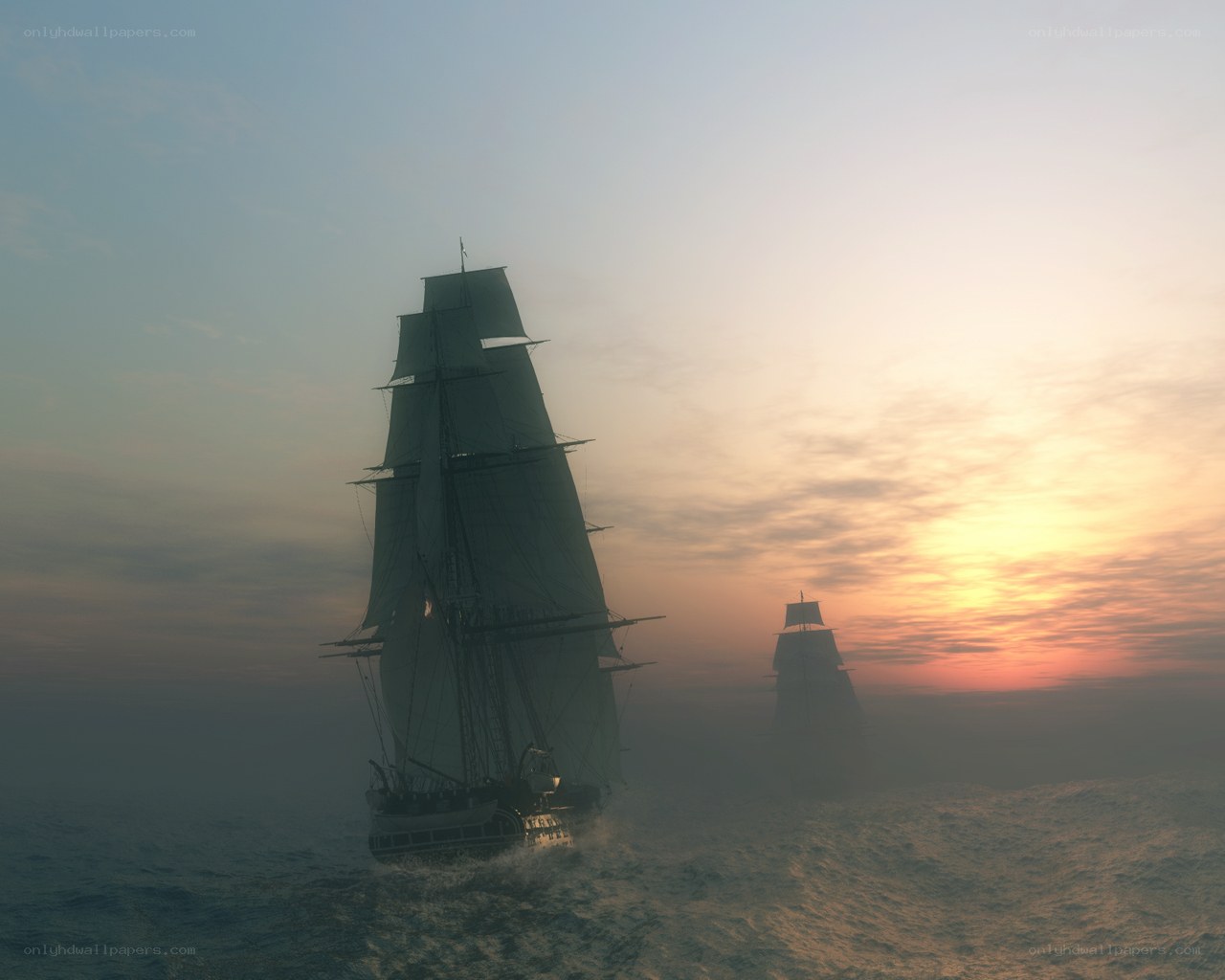 Sailing ships at sunset