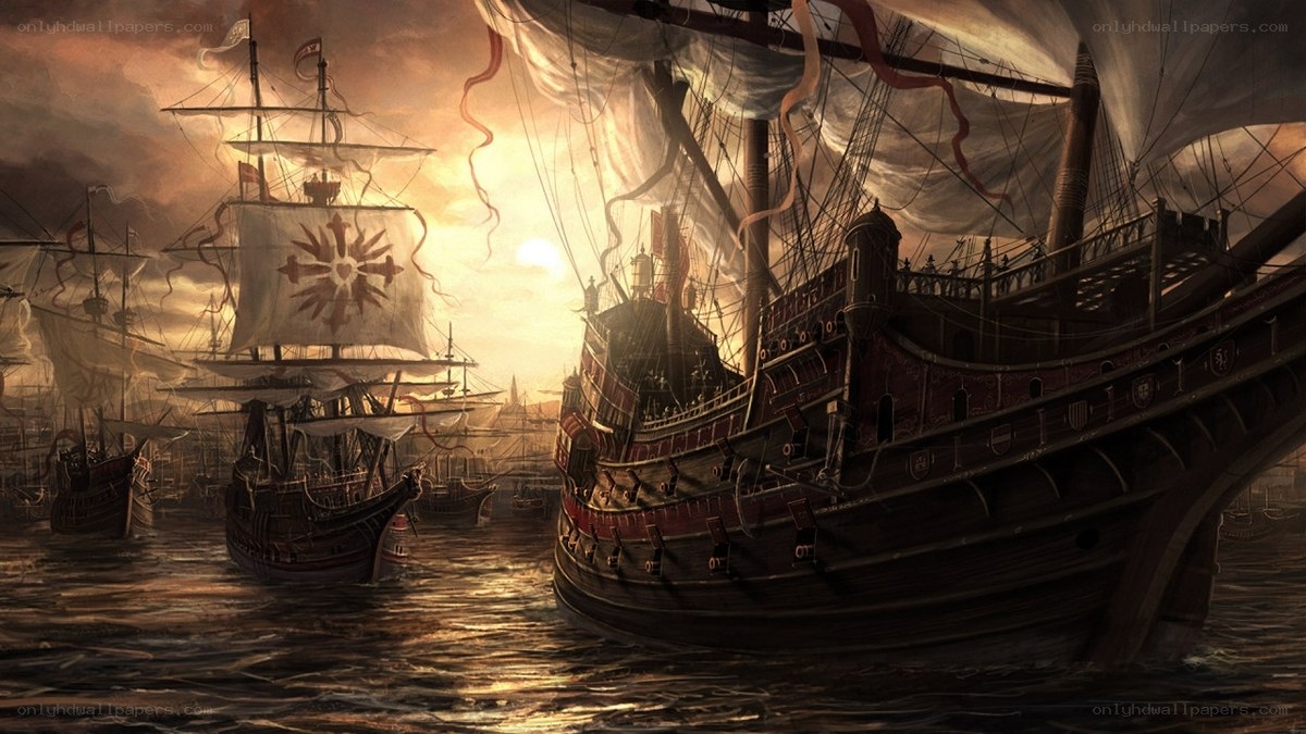 Sailing ships at sunset