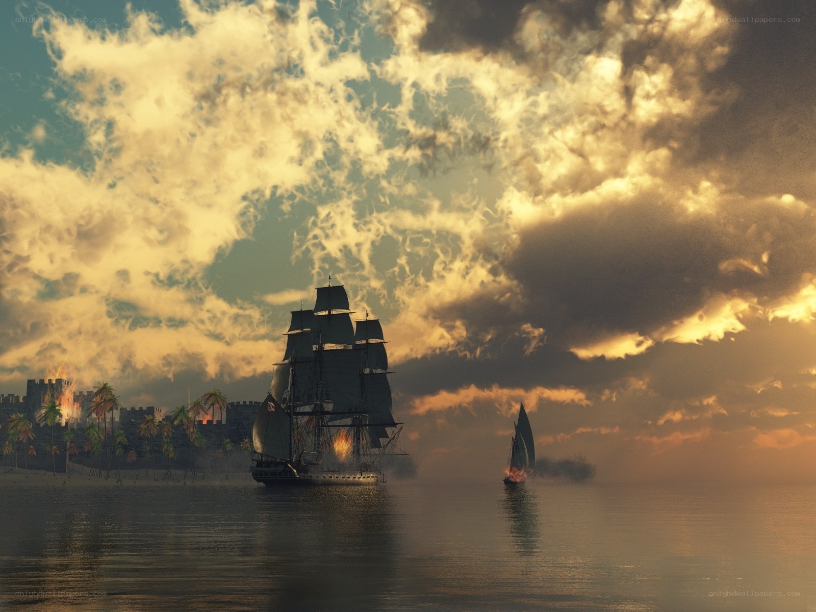 Sailing ships at sunset