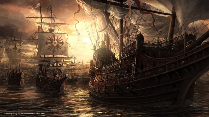 Sailing ships at sunset