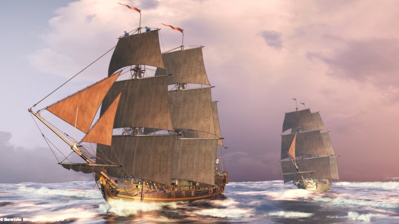 Sailing ships at sunset