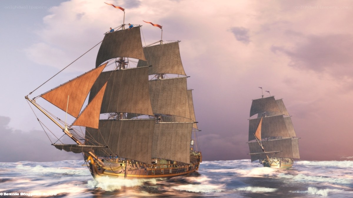 Sailing ships at sunset