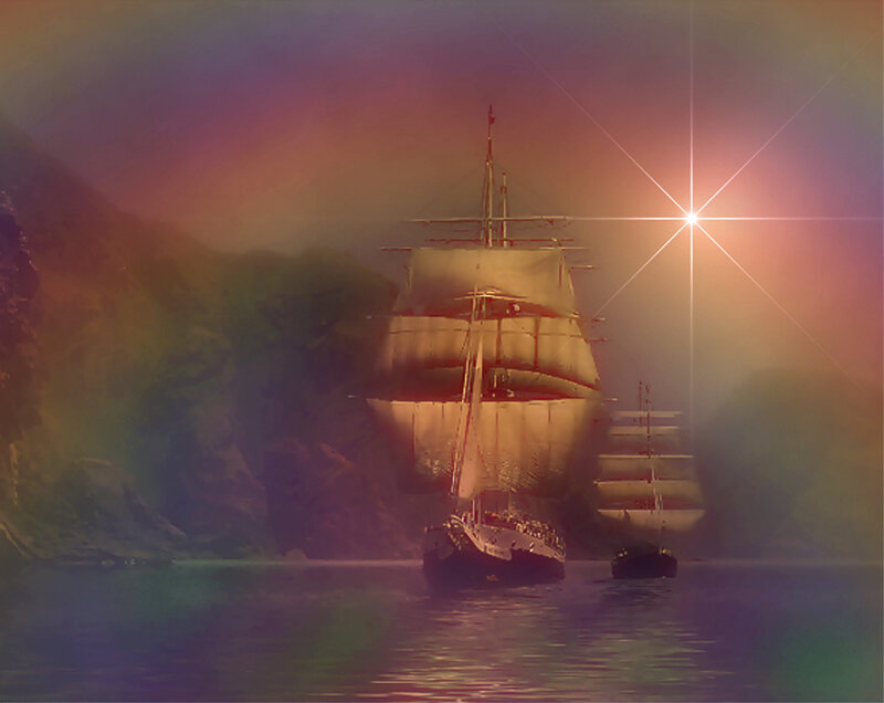 sailing ships at sunset