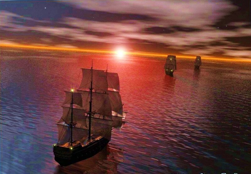 sailing ships at sunset