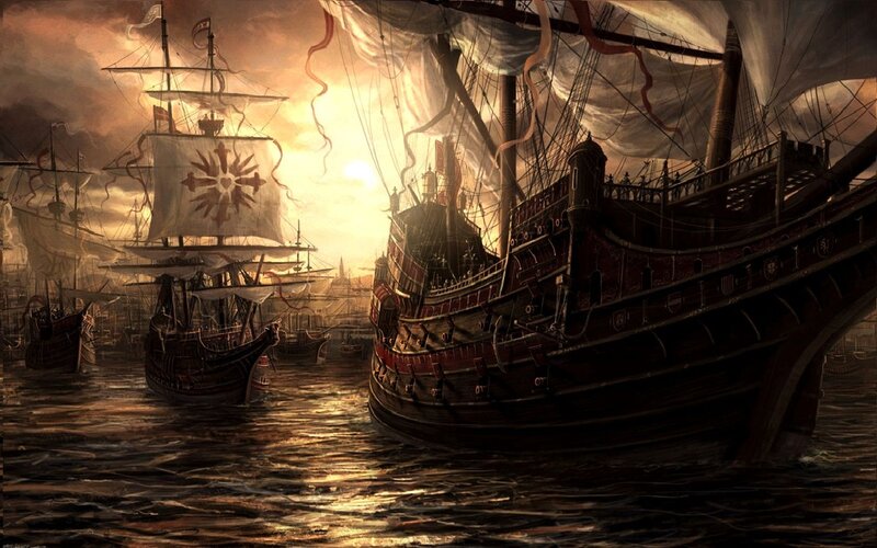 Sailing ships at sunset