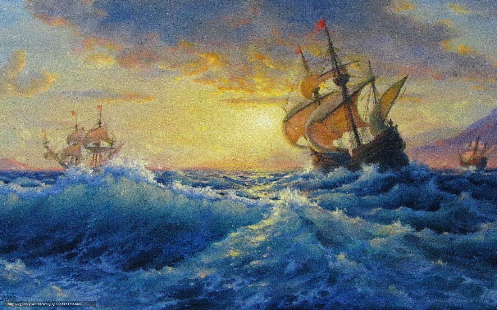 Sailing ships at sunset