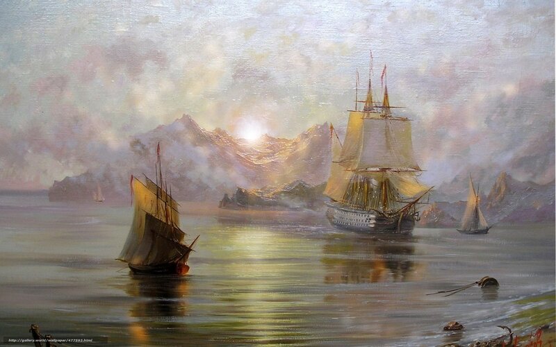 Sailing ships at sunset
