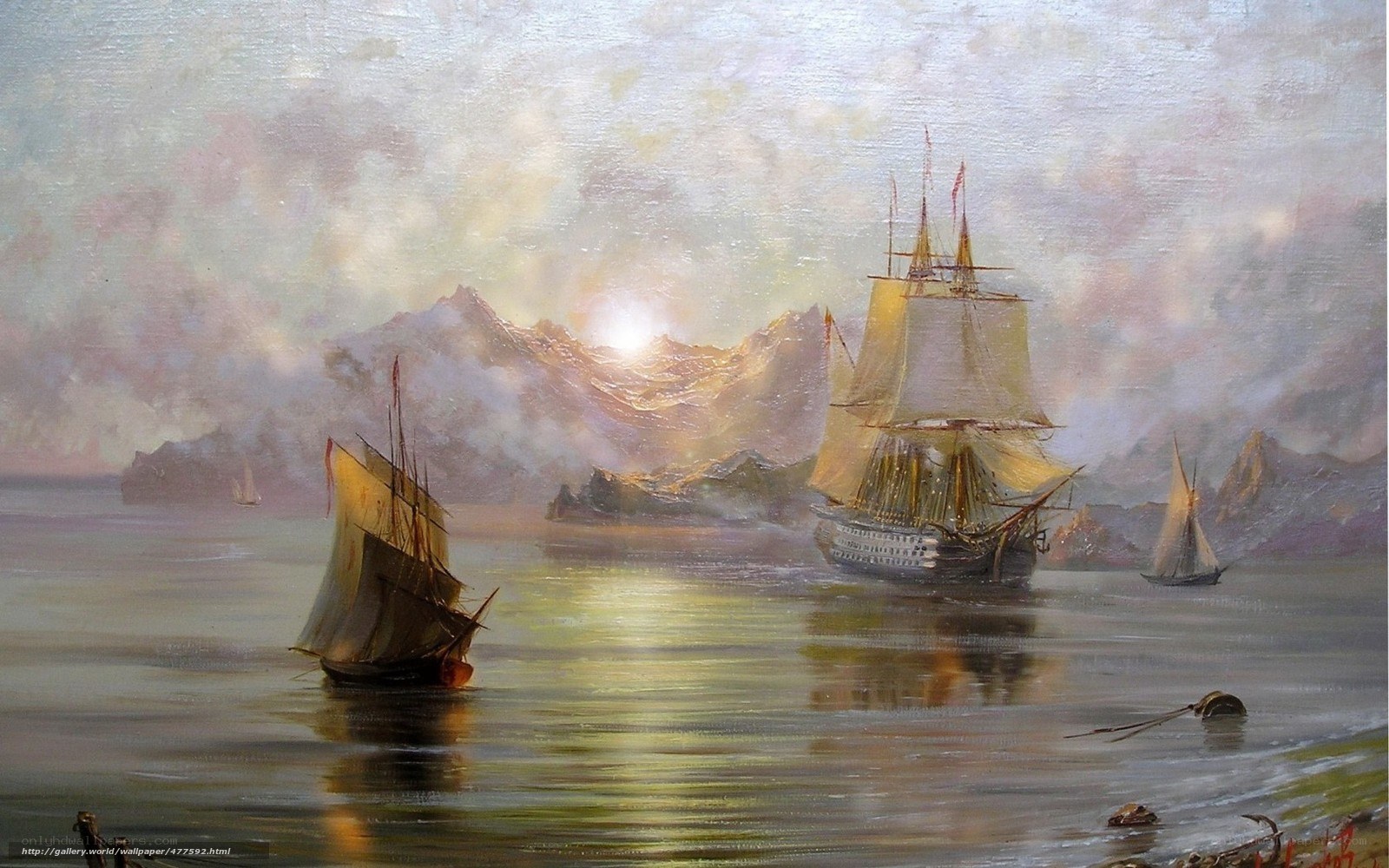 Sailing ships at sunset