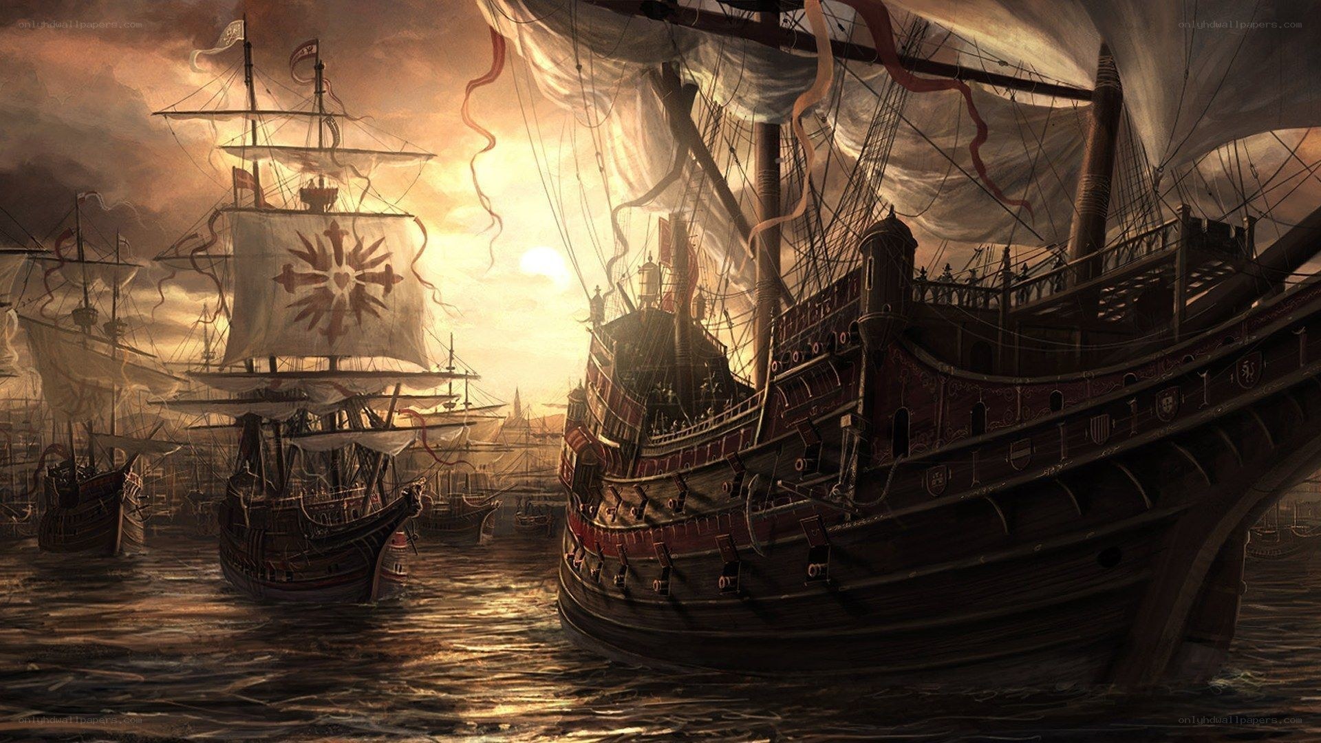 Sailing ships at sunset