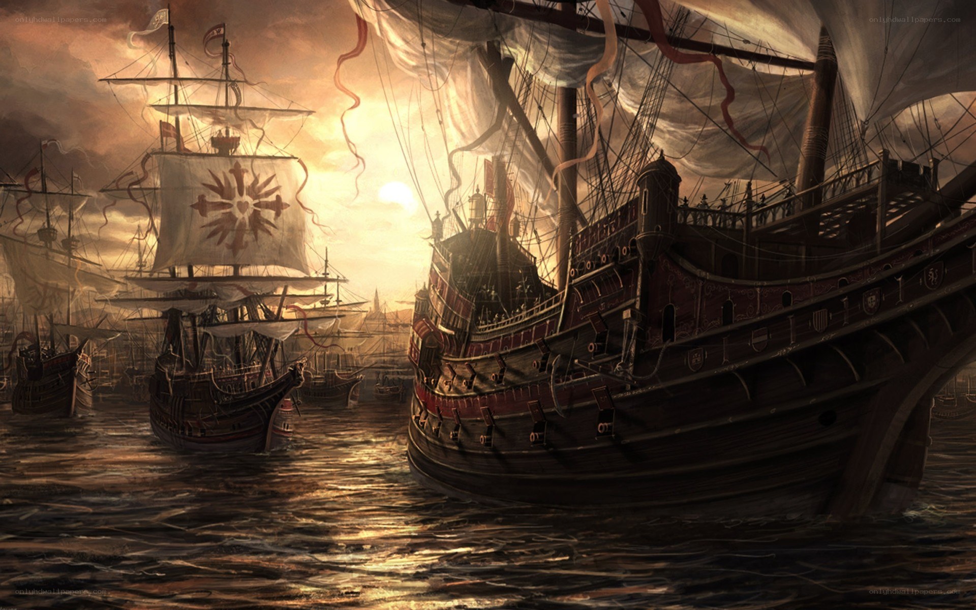 Sailing ships at sunset