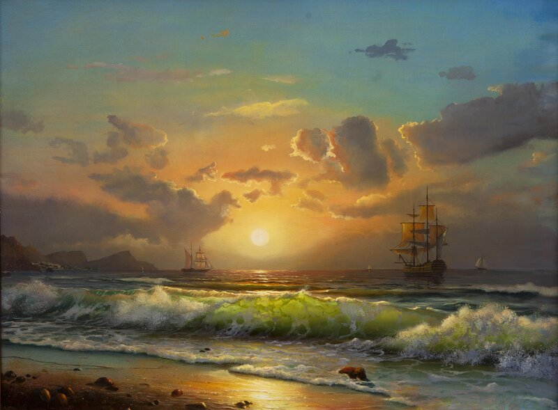 Sailing Ships at Sunset — Blue, Dramatic