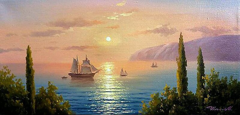Sailing Ships at Sunset — Blue