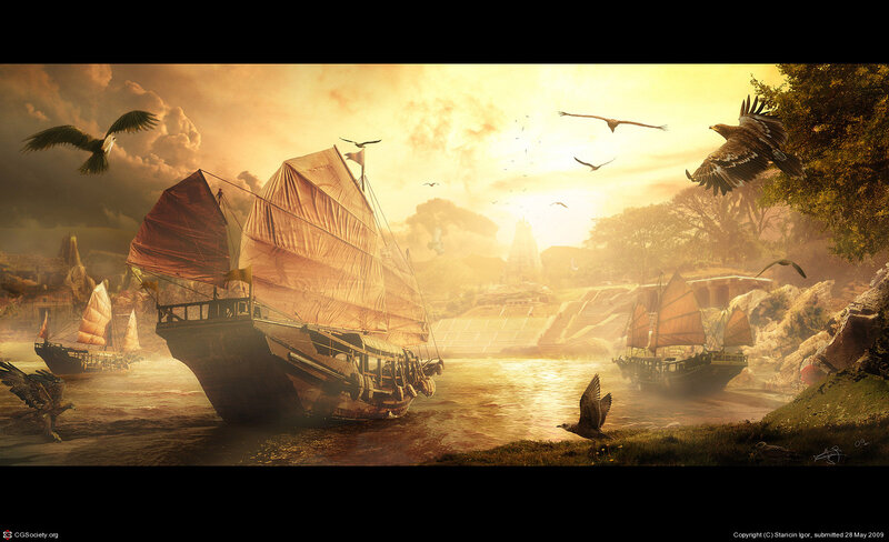 Sailing Ships at Sunset — Gold