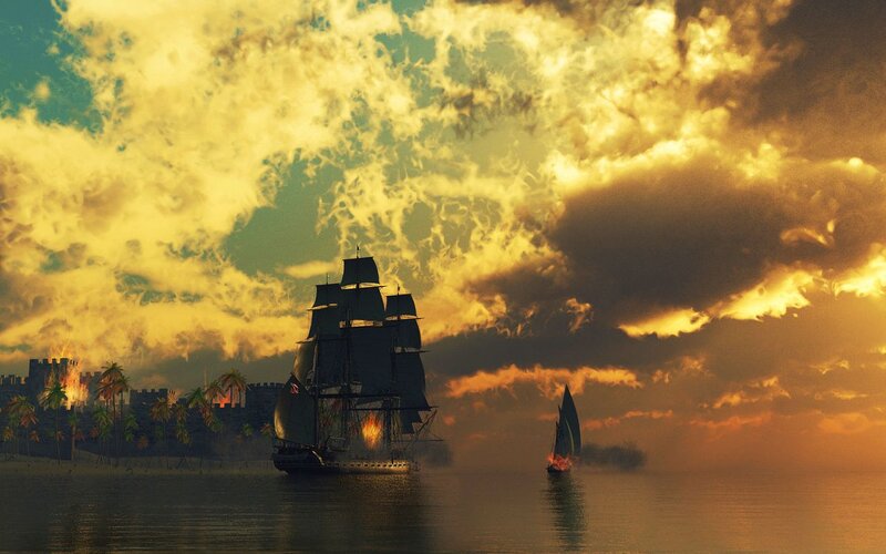 Sailing Ships at Sunset — Orange, Dramatic, Digital Art, Castle