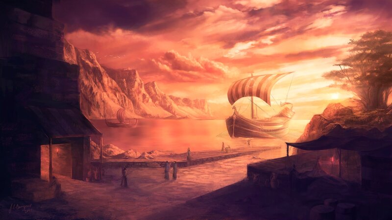 Sailing Ships at Sunset — Orange, Dramatic, Digital Art